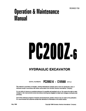 Komatsu PC200Z-6 C10568 and up Hydraulic Excavator Operation &amp; Maintenance Manual SEAM021700 English
