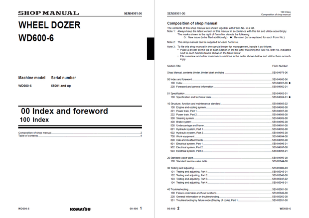 Komatsu Shop Manual WD600-6 55001 and up Wheel Dozer SEN04979-06 English