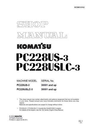Komatsu PC228US-3, PC228USLC-3 30001 and up Hydraulic Excavator Service Manual SEBM030502 English