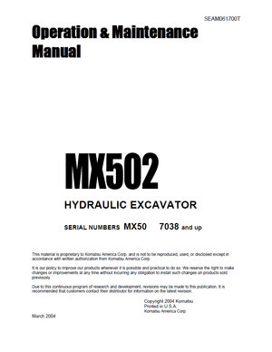 Komatsu/Ditch Witch MX502 7038 and up Excavator Operation &amp; Maintenance Manual SEAM061700T English