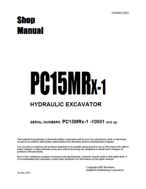 Komatsu Utility PC15MRX-1 10001 and up Hydraulic Excavator Service Shop Manual SEBM019001 English