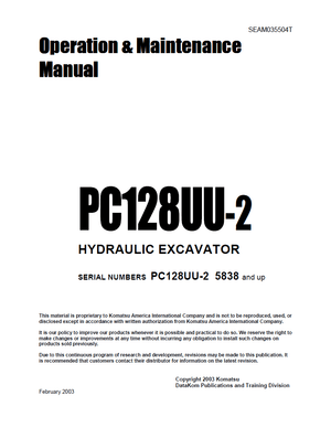 Komatsu PC128UU-2 5838 and up Hydraulic Excavator Operation &amp; Maintenance Manual SEAM035504T English