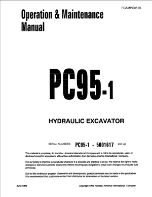 Komatsu PC95-1 5001617 and up Hydraulic Excavator Operation &amp; Maintenance Manual FGAMPC9510 English