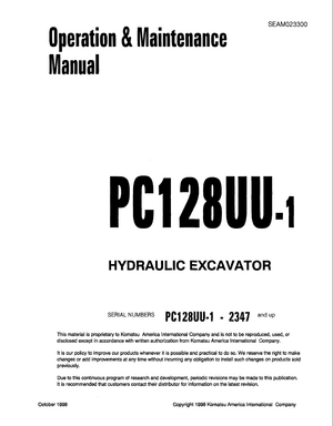 Komatsu PC128UU-1 2347 and up Hydraulic Excavator Operation &amp; Maintenance Manual SEAM023300 English