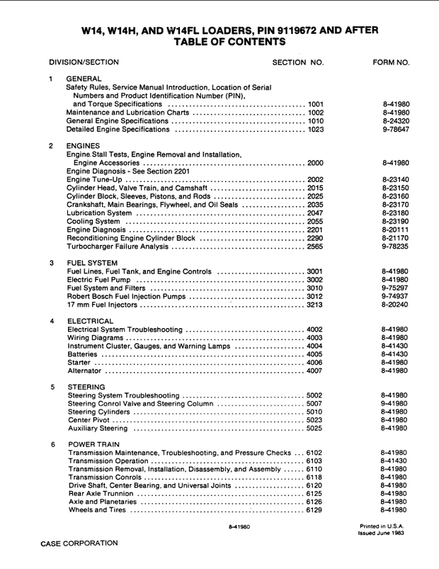 CASE Construction W14, W14H, W14FL PIN 9119672 and After Wheel Loader Service Manual 8-41980 English