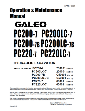 Komatsu PC200-7, PC200LC-7, PC200-7B, PC200LC-7B, PC220-7, PC220LC-7 Operation Manual SEAM041000T EN