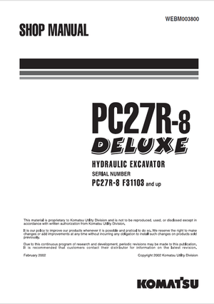 Komatsu Utility PC27R-8 DELUXE F31103 and up Hydraulic Excavator Service Manual WEBM003800 English