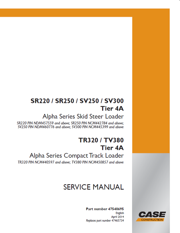 CASE SR220 SR250 SV250 SV300 TR320 TV380 Tier 4A Skid Steer Loader Service Manual 47540695 English