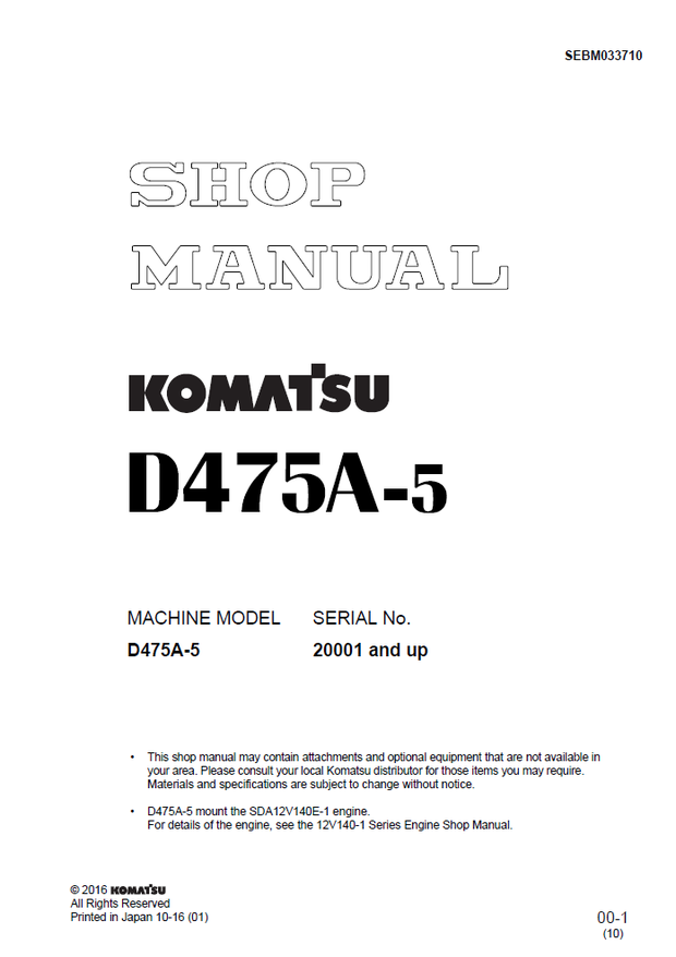 Komatsu Shop Manual D475A-5 20001 and up Crawler Bulldozer SEBM033710 English