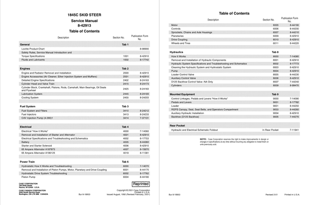 Case Construction 1845C Skid Steer Loader/Uni-Loader Service Manual 8-42913 English
