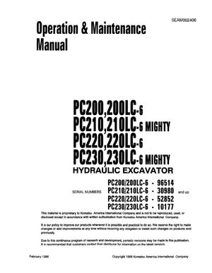 Komatsu PC200-6/200LC-6, PC210-6/210LC-6 PC220-6/220LC-6 PC230-6/230LC-6 Operation Manual SEAM002406