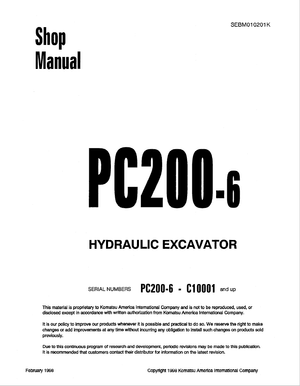 Komatsu PC200-6 C10001 and up Hydraulic Excavator Service Manual Shop Manual SEBM010201K English