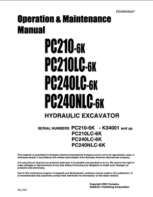 Komatsu PC210-6K, PC210LC-6K, PC240LC-6K, PC240NLC-6K Excavator Operation Manual EEAM006007 English