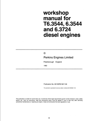 Perkins/Sperry New Holland 6.3544, 6.3724, T6.3544 6 Cylinder Diesel Engine Workshop Manual 40542101