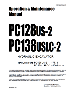 Komatsu PC128US-2, PC138USLC-2 Hydraulic Excavator Operation Maintenance Manual SEAM035407T English