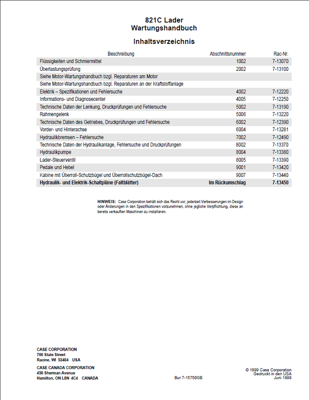 CASE Construction 821C Radlader Wartungshandbuch 7-15740GE Deutsch