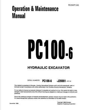 Komatsu PC100-6 J20001 and up Hydraulic Excavator Operation &amp; Maintenance Manual MEAM2P1200 English