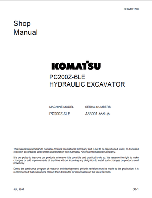 Komatsu PC200Z-6LE A83001 and up Hydraulic Excavator Service Manual Shop Manual CEBM001700 English