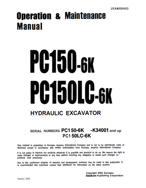 Komatsu PC150-6K, PC150LC-6K K34001 and up Excavator Operation Maintenance Manual UEAM000403 English