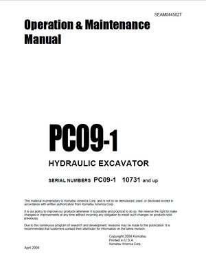 Komatsu PC09-1 10731 and up Hydraulic Excavator Operation &amp; Maintenance Manual SEAM044502T English