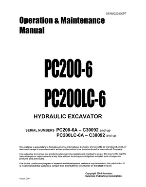 Komatsu PC200-6A, PC200LC-6A C30092 and up Excavator Operation &amp; Maintenance Manual SEAM023800PT EN