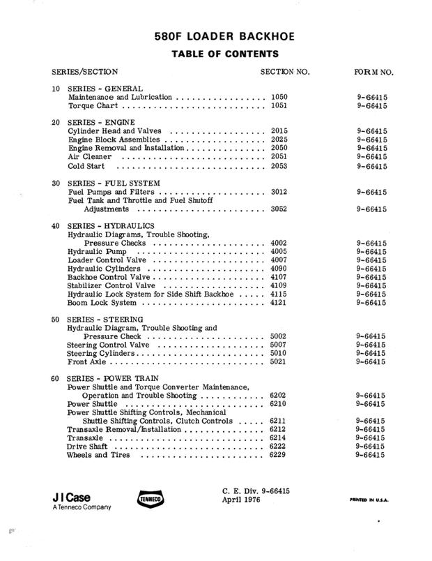 CASE Construction 580F Construction King Loader Backhoe Service Manual 9-66415 English