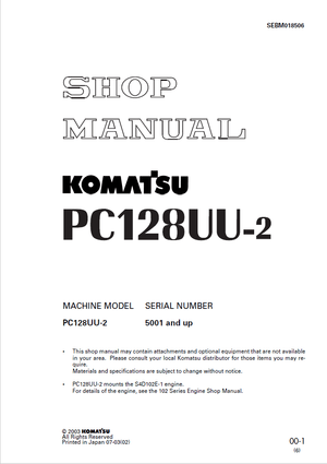 Komatsu PC128UU-2 5001 and up Hydraulic Excavator Service Manual Shop Manual SEBM018506 English