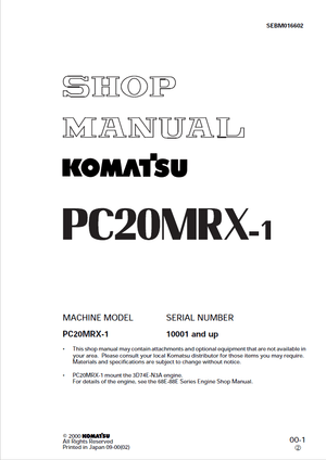 Komatsu PC20MRX-1 10001 and up Hydraulic Excavator Service Manual Shop Manual SEBM016602 English