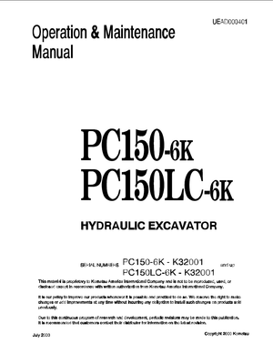 Komatsu PC150-6K, PC150LC-6K K32001 and up Excavator Operation Maintenance Manual UEAD000401 English