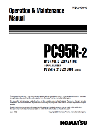 Komatsu PC95R-2 21D5210001 and up Hydraulic Excavator Operation &amp; Maintenance Manual WEAM004000 EN