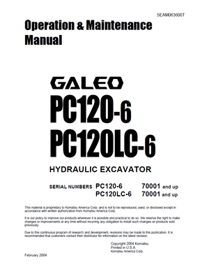 Komatsu PC120-6, PC120LC-6 GALEO 70001 and up Excavator Operation Maintenance Manual SEAM063600T EN