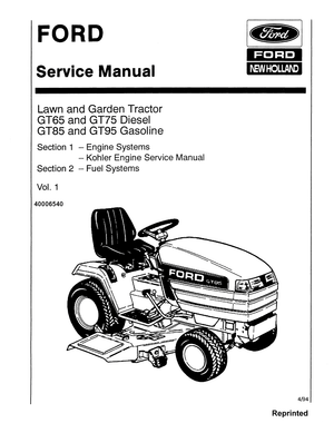 Ford New Holland GT65, GT75 Diesel GT85, GT95 Gasoline Lawn &amp; Garden Tractor Service Manual 40006540