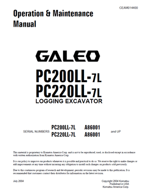 Komatsu PC200LL-7L, PC220LL-7L GALEO A86001 &amp; up Excavator Operation &amp; Maintenance Manual CEAM014400