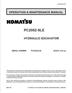 Komatsu PC200Z-6LE A83001 and up Hydraulic Excavator Operation Maintenance Manual CEAM001800 English