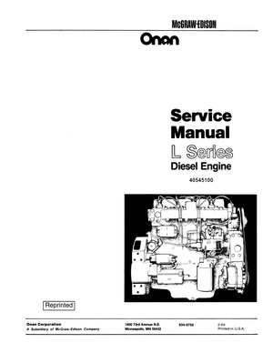 Onan McGraw-Edison L317, L423, L634, L634T L Series Diesel Engines Service Manual 40545100 English