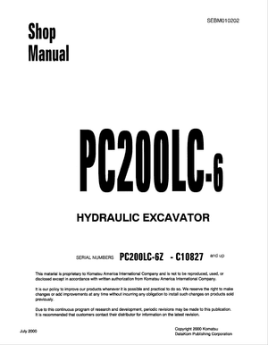 Komatsu PC200LC-6Z C10827 and up Hydraulic Excavator Service Manual Shop Manual SEBM010202 English