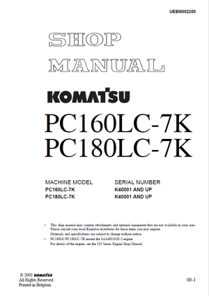 Komatsu PC160LC-7K, PC180LC-7K K40001 and up Hydraulic Excavator Service Manual UEBM002200 English