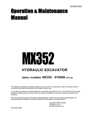 Komatsu/Ditch Witch MX352 6Y6069 and up Excavator Operation &amp; Maintenance Manual SEAM061600T English