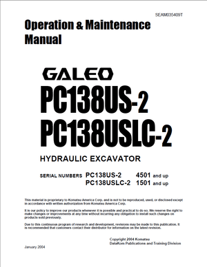Komatsu PC138US-2, PC138USLC-2 GALEO Hydraulic Excavator Operation &amp; Maintenance Manual SEAM035409T