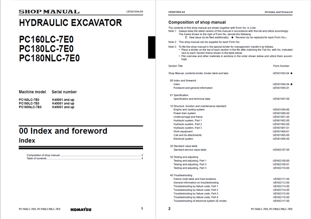 Komatsu Shop Manual PC160LC-7E0 PC180LC-7E0 PC180NLC-7E0 K45001 and up Excavator UEN01892-04 English