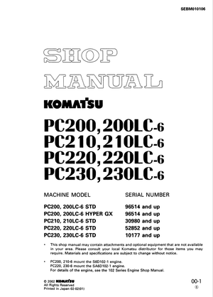 Komatsu PC200-6/200LC-6, PC210-6/210LC-6, PC220-6/220LC-6, PC230-6, PC230LC-6 Shop Manual SEBM010106