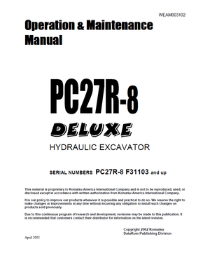 Komatsu PC27R-8 DELUXE F31103 and up Excavator Operation &amp; Maintenance Manual WEAM003102 English