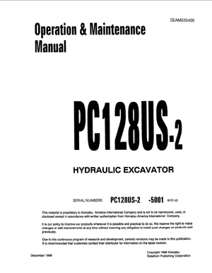 Komatsu PC128US-2 5001 and up Hydraulic Excavator Operation &amp; Maintenance Manual SEAM035400 English