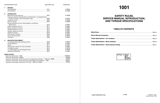 Case Construction 1080, 1080B Crawler Excavator Service Manual 8-42681 English