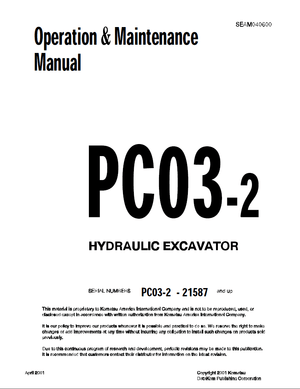 Komatsu PC03-2 21587 and up Hydraulic Excavator Operation &amp; Maintenance Manual SEAM040600 English