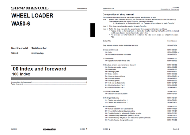 Komatsu Shop Manual WA50-6 60001 and up Wheel Loader SEN04670-04 English