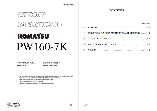 Komatsu Shop Manual PW160-7K K40001 and up Wheeled Excavator UEBM002500 English