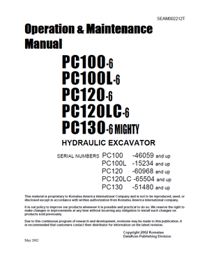Komatsu PC100-6, PC100L-6, PC120-6, PC120LC-6, PC130-6 MIGHTY Excavator Operation Manual SEAM002212T