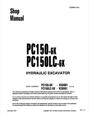 Komatsu PC150-6K, PC150LC-6K K30001 and up Hydraulic Excavator Shop Manual CEBM001601 English