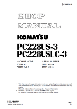 Komatsu PC228US-3, PC228USLC-3 20001 and up Hydraulic Excavator Shop Manual SEBM023103 English